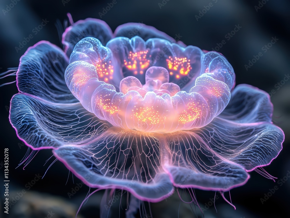 Obraz premium Floating iridescent aquatic flower with jellyfish underwater scene high fidelity imagery ethereal environment close-up view nature's beauty