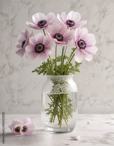 Wallpaper Mural Anemone blooms in a delicate, lace-trimmed glass vase with intricate details and a soft white background, lace-trimmed glass vase, Torontodigital.ca