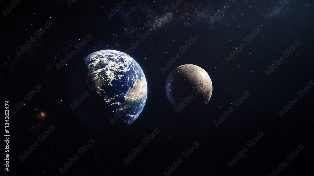 Fototapeta premium Stunning view of Earth and its moon in the vastness of space during a starry night