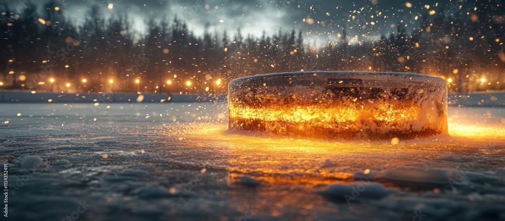 Fototapeta premium Glowing hockey puck on frozen lake at night.