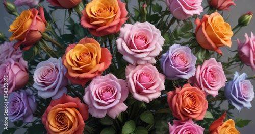 Whimsical and colorful painting like roses in a unique bouquet , texture, painting