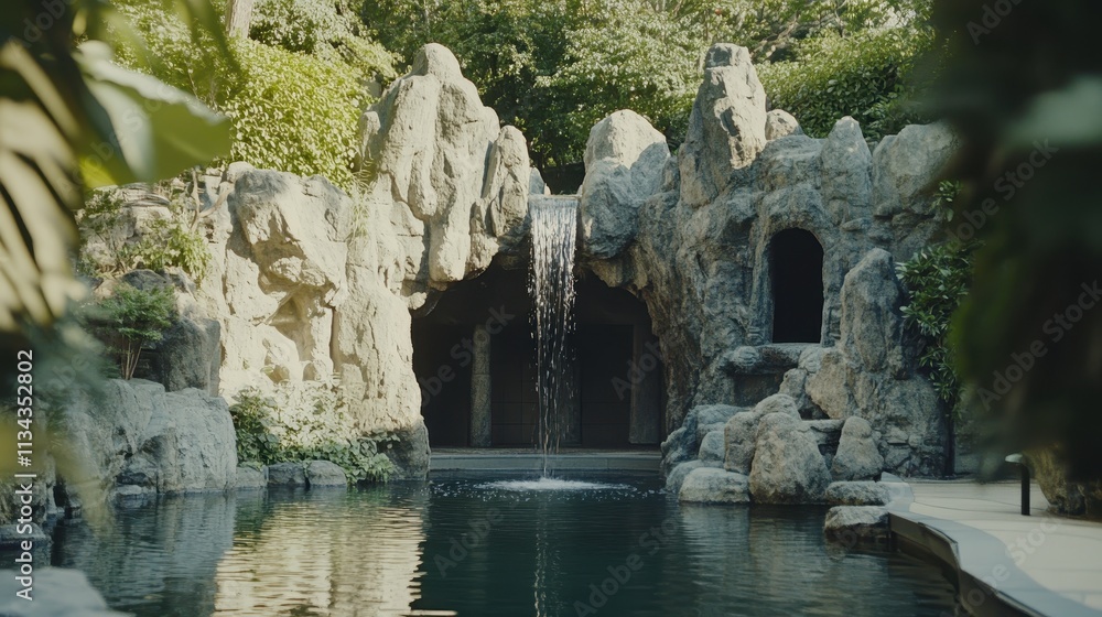 Waterfall cascading into a tranquil pool within a landscaped rock garden. Lush greenery surrounds the area. Waterfall cascading into a tranquil pool within a landscaped rock garden. Lush greenery surrounds the area.