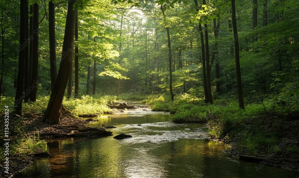 Obraz premium Sunlit stream flows through verdant forest.