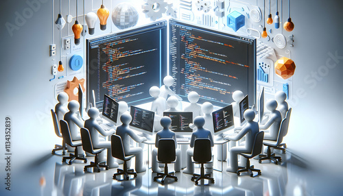 3D Glossy background of a software development team using collaborative coding platforms with copy space concept as A glossy background showcasing a software development team using collaborative codin photo