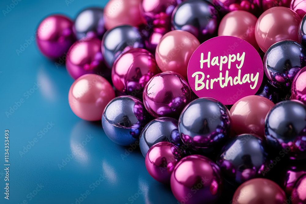 Glossy Metallic Birthday Balls with Happy Birthday Sign. A vibrant photo featuring shiny pink, purple, and blue spheres surrounding a bright pink Happy Birthday sign.
Glossy Metallic Birthday Balls with Happy Birthday Sign. A vibrant photo featuring shiny pink, purple, and blue spheres surrounding a bright pink Happy Birthday sign.