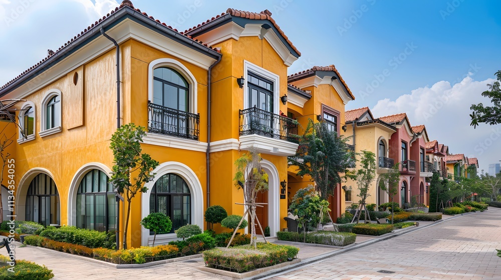 Fototapeta premium Colorful Residential Homes with Lush Landscaping and Clear Blue Sky