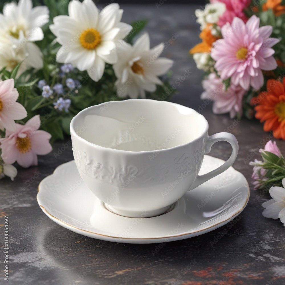 A Single White Teacup with Saucer on Floral Background, colorful, detailed, refined A Single White Teacup with Saucer on Floral Background, colorful, detailed, refined