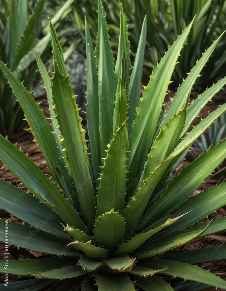 A large aloe vera leaf with prominent ridges and furrows, succulent, furrowed A large aloe vera leaf with prominent ridges and furrows, succulent, furrowed