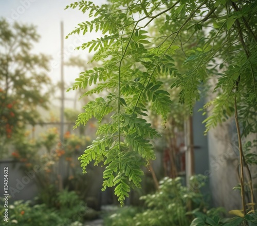 Bitter Cucumber Moringa oleifera plant growing in a garden , edible, botanical photo