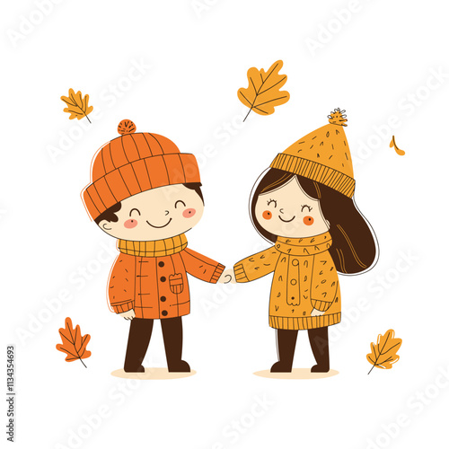 Cartoon kids holding hands with autumn leaves.