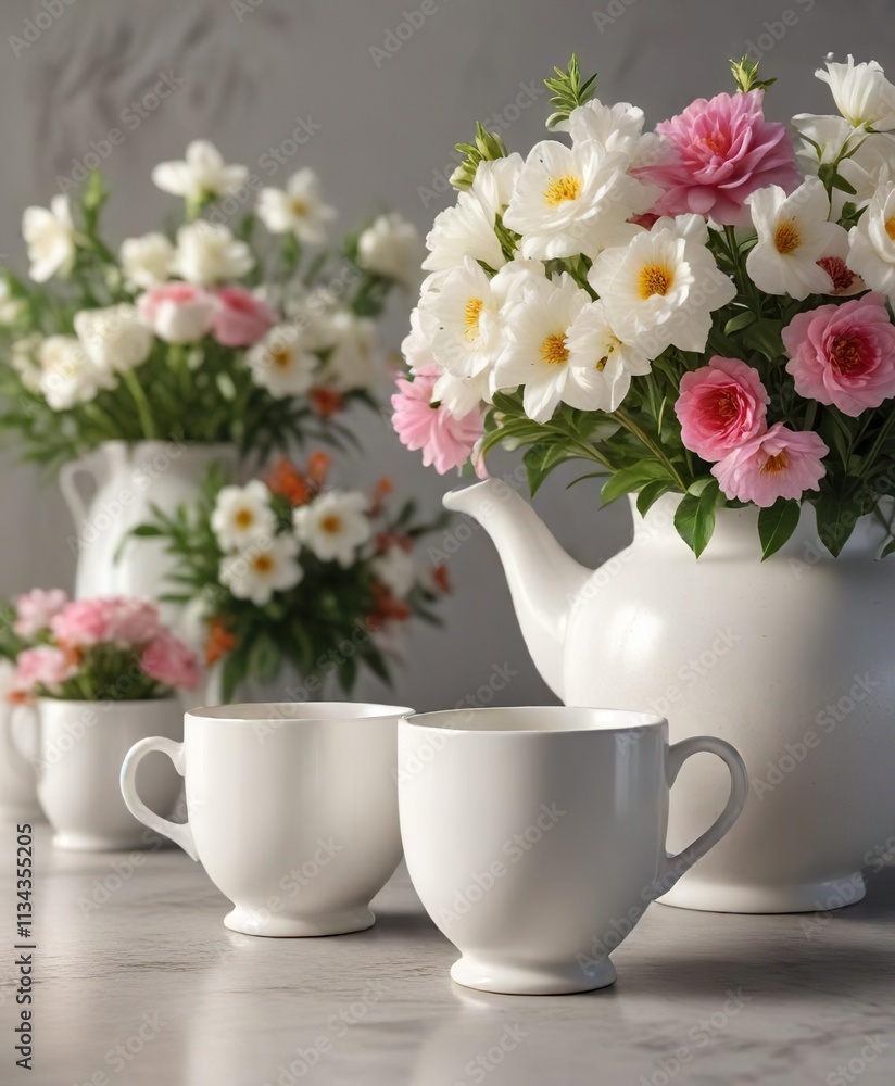 White tea cups arranged in a decorative vase filled with fresh flowers, sleek, tea infuser White tea cups arranged in a decorative vase filled with fresh flowers, sleek, tea infuser