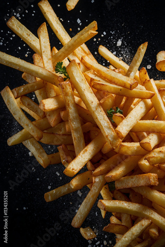 Dynamic explosion of fries with scattered black pepper, parsley, and salt, highlighted edges and a deep black background for contrast