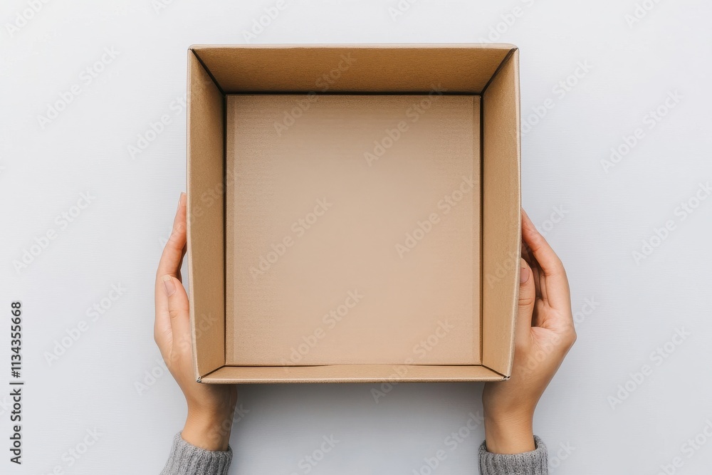 Two hands holding a large, empty brown cardboard box against a clean white background, ready for packaging or storage Two hands holding a large, empty brown cardboard box against a clean white background, ready for packaging or storage
