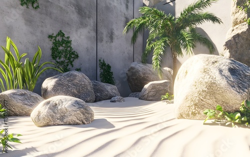 A serene sandy environment featuring large rocks and lush greenery. photo