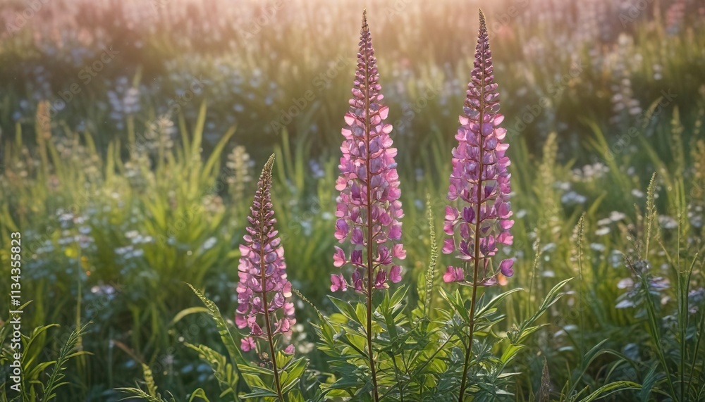 Detailed photo of pink lupin flowers growing among the tall grasses with subtle morning dew, flower field, nature's beauty Detailed photo of pink lupin flowers growing among the tall grasses with subtle morning dew, flower field, nature's beauty
