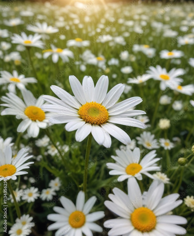 Single daisy amidst a field of pristine white flowers soaking up the summer sun, soft focus, peaceful scene, sunny meadow Single daisy amidst a field of pristine white flowers soaking up the summer sun, soft focus, peaceful scene, sunny meadow