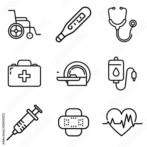 Collection of line art icons representing healthcare and medical themes