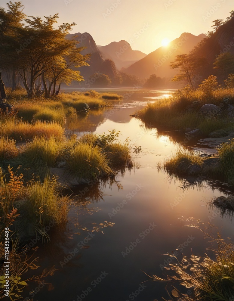 Obraz premium The warm glow of sunset casts a golden ambiance over a lush wetland in Hwapocheon Stream, environment , wetland