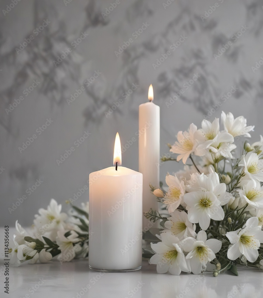 White candle and delicate flowers on a minimalist, monochromatic background in shades of gray and white, contemporary, minimalist, white candle White candle and delicate flowers on a minimalist, monochromatic background in shades of gray and white, contemporary, minimalist, white candle