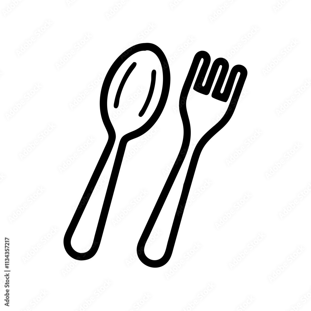 Simple line icon of a spoon and fork, representing dining and utensils