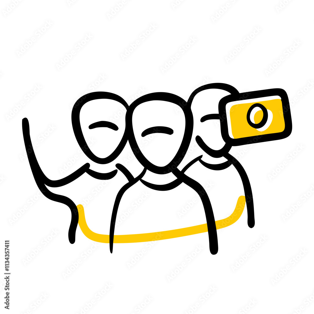 Outline illustration of friends taking a selfie together on a white background Outline illustration of friends taking a selfie together on a white background