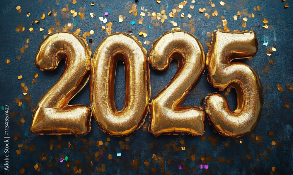 Golden balloons spelling out 2025 surrounded by confetti create festive atmosphere for New Year celebrations Golden balloons spelling out 2025 surrounded by confetti create festive atmosphere for New Year celebrations