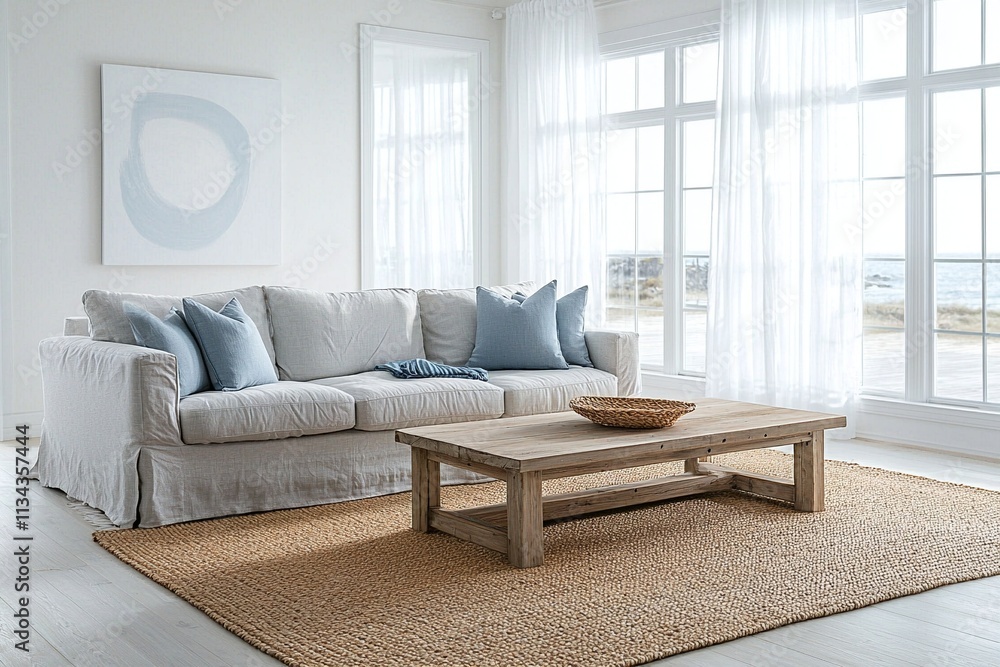 Fototapeta premium A Scandinavian interior design of the living room with minimalist, white-finished walls and a white sofa and sky blue cushion. Generative AI 
