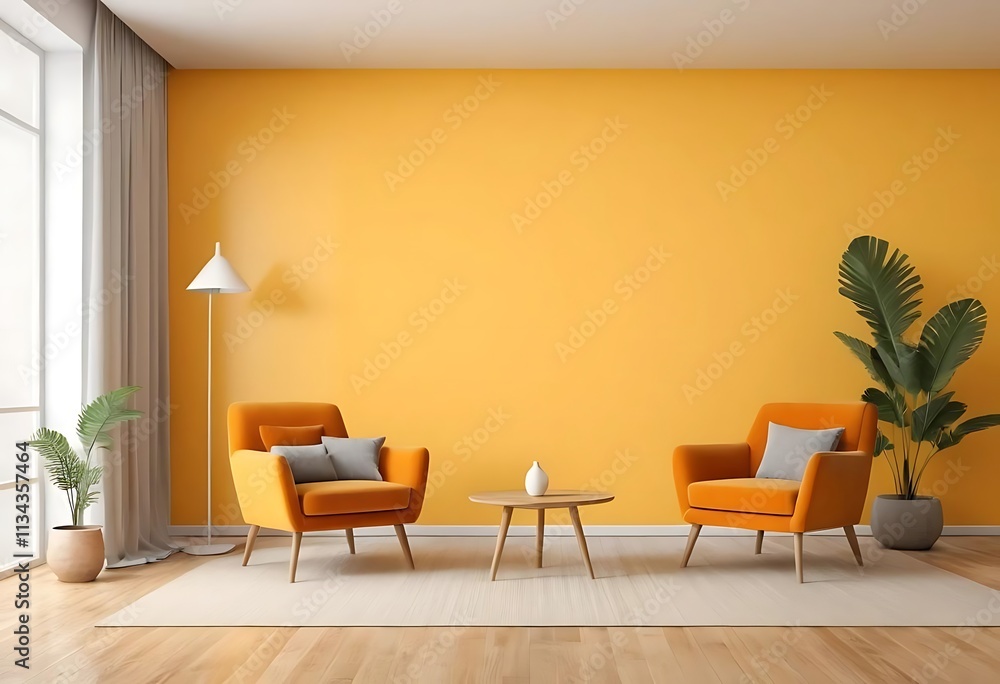 Mid-century modern interior, vibrant orange armchair, wooden sideboard ai generator Mid-century modern interior, vibrant orange armchair, wooden sideboard ai generator