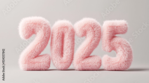 Fluffy pink numbers representing year 2025, creating playful and cheerful atmosphere. Perfect for celebrations and events