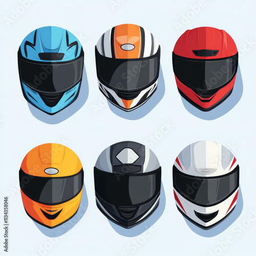 Colorful motorcycle helmets arranged in grid, showcasing various designs and colors. helmets include blue, orange, red, yellow, gray, and white, emphasizing safety and style in motorcycling photo