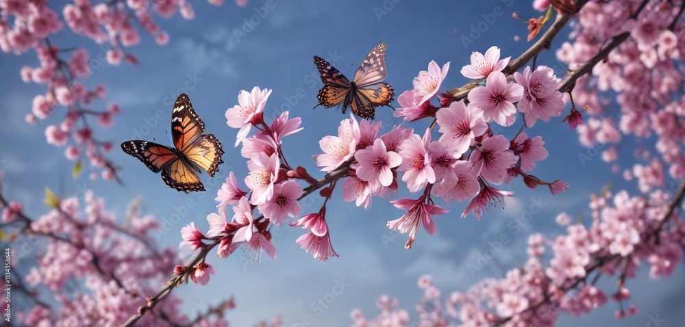 a group of colorful butterflies flutter around blooming cherry blossom branches, butterflies, whimsical atmosphere a group of colorful butterflies flutter around blooming cherry blossom branches, butterflies, whimsical atmosphere