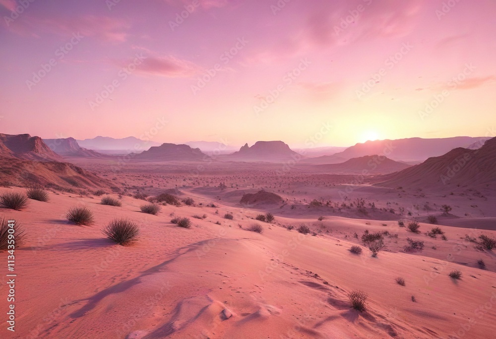 Naklejka premium Desert landscape at dawn with soft pink hues over the horizon, natural wonder, golden hour