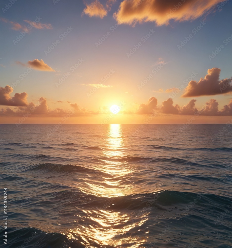 Obraz premium Gentle warmth of sunrise radiating over the Caribbean Sea's surface, tranquil landscape , sea, peaceful atmosphere