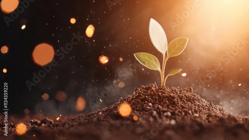 New plant sprouting from soil illuminated by warm sunlight.
