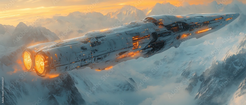 Futuristic spaceship soaring over snowy mountains Futuristic spaceship soaring over snowy mountains