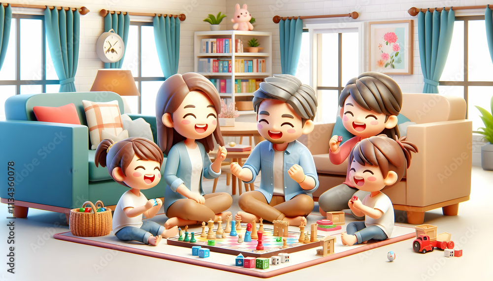 3D Parents and children playing board games in a cozy living room capturing laughter copy space below. concept as Parents and children playing board games in a cozy living room capturing joyful laught 3D Parents and children playing board games in a cozy living room capturing laughter copy space below. concept as Parents and children playing board games in a cozy living room capturing joyful laught