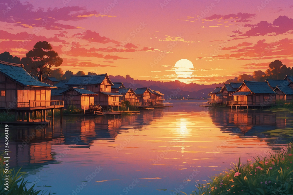 A peaceful lakeside village glowing in warm sunset hues, orange-pink sky reflections, traditional homes, in anime style A peaceful lakeside village glowing in warm sunset hues, orange-pink sky reflections, traditional homes, in anime style