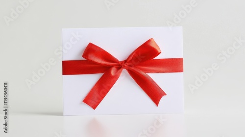 White card with red ribbon bow.