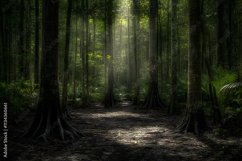 Fototapeta premium Sunbeams illuminate a path through a dense, lush forest with large trees and exposed roots.