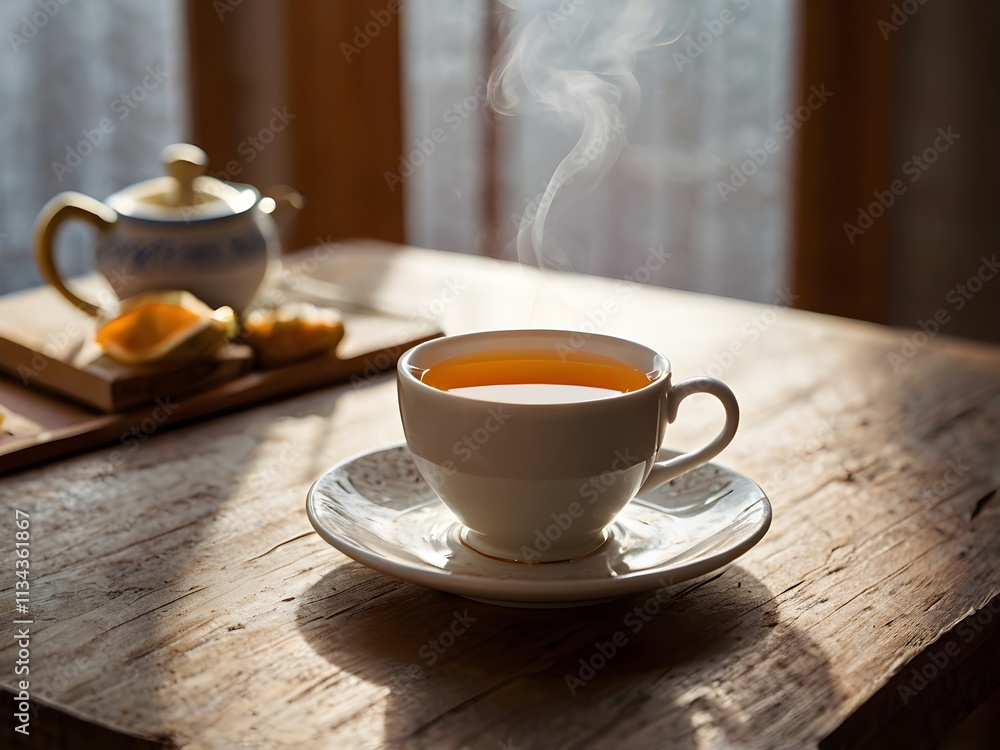 Obraz premium a cup of warm tea in the morning