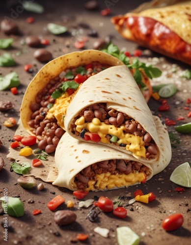 A burrito with a filling of beans and cheese slowly unwinding on the ground, layers, mess, spill photo