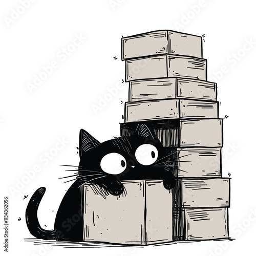 Cartoon cat peeking out from a cardboard box.