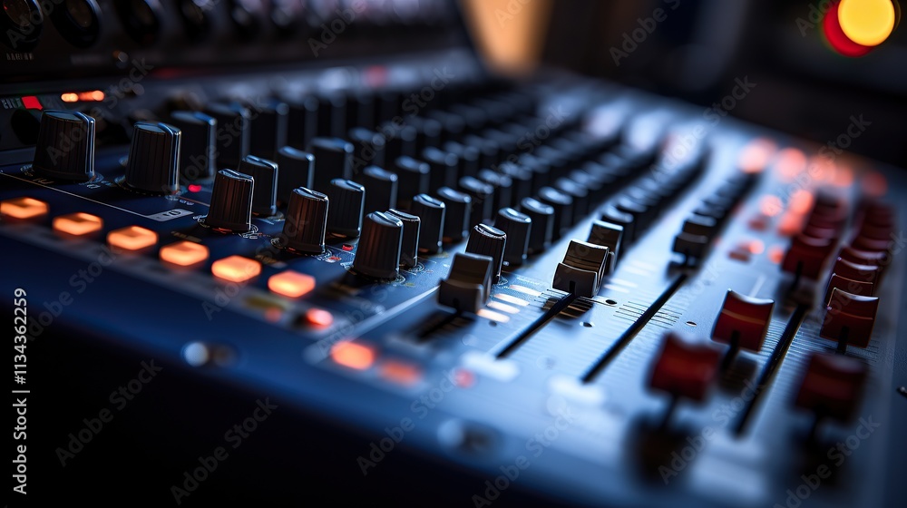 Close-up of a soundboard with knobs and sliders Close-up of a soundboard with knobs and sliders