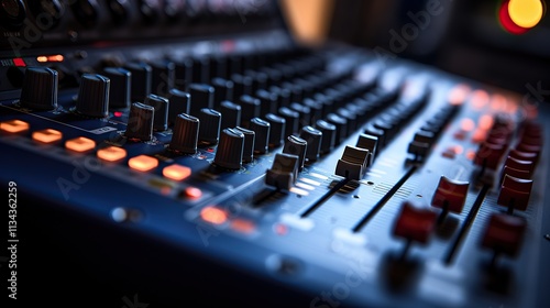 Close-up of a soundboard with knobs and sliders