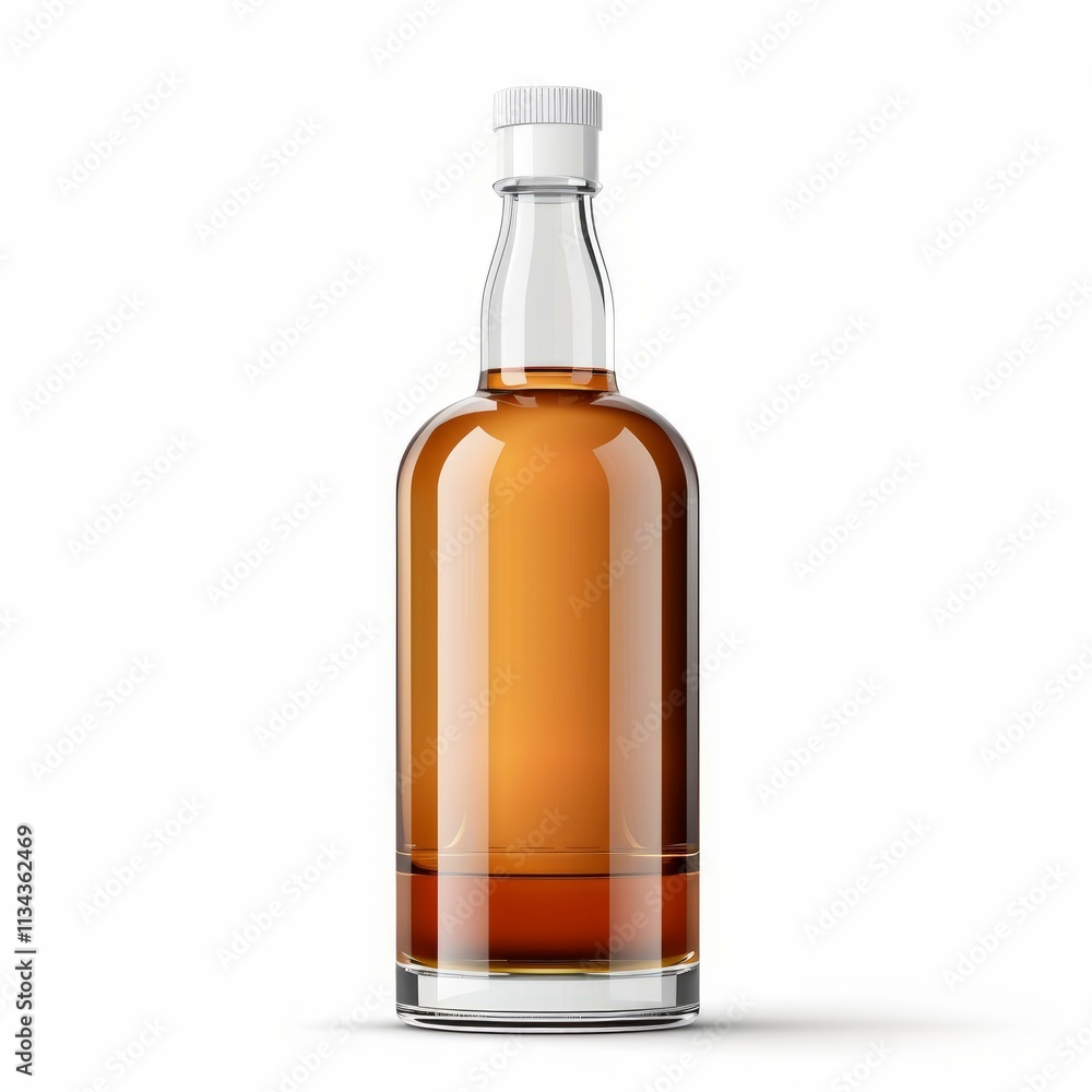 Transparent glass bottle containing amber colored liquid, isolated on a white background Transparent glass bottle containing amber colored liquid, isolated on a white background