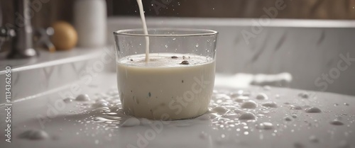 Kniegelen in einem Bad mit Milch und Wassertropfen, milchfarbenlicht, wassertropfen, feuchtigkeit photo