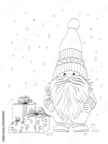 Cartoon dwarf Santa Claus drawing with Christmas gifts