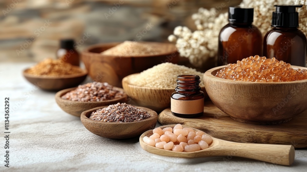 A collection of various natural ingredients and essential oils in wooden bowls and bottles. A collection of various natural ingredients and essential oils in wooden bowls and bottles.