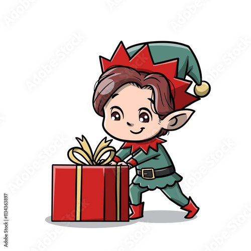 Christmas elf with red gift box suitable for holiday designs, greeting cards, website banners, and festive social media posts. Good for Christmasthemed projects.