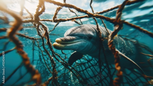 A dolphin is caught in a net underwater, depicting the struggle of marine life against human-made obstacles, emphasizing themes of freedom and environmental awareness. photo